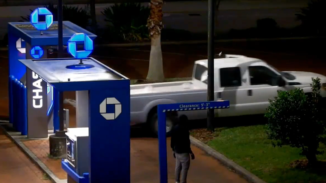 Three men used a stolen truck to destroy an ATM and steal thousands from a Chase bank in Florida, feds say.