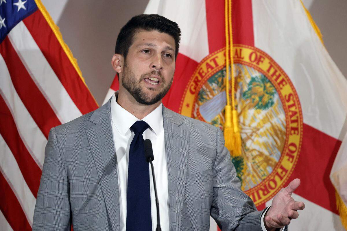 Attorney General James Uthmeier speaks during a news conference at Palm Beach State College in Lake Worth on Wednesday, Aug. 20, 2025. (Amy Beth Bennett / South Florida Sun Sentinel)