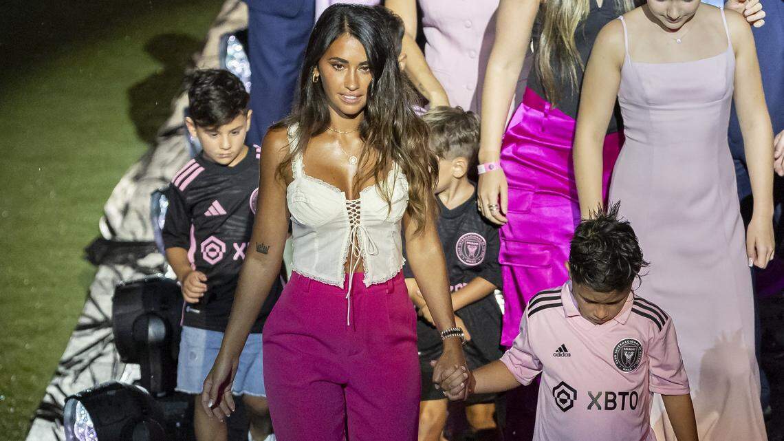 Lionel Messi’s wife, Antonela Roccuzzo, and sons, Thiago, Mateo and Ciro walk off the stage during Inter Miami’s The Unveil event at DRV PNK Stadium on Sunday, July 16, 2023, in Fort Lauderdale, Fla. The event was held to officially welcome Argentine forward Lionel Messi (10) and Spanish midfielder Sergio Busquets (5) to the team.