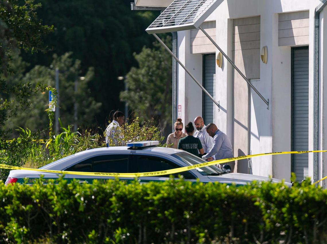 Police work a crime scene near Southwest 127th Avenue and Southwest 280th Street in Homestead, Florida on Monday, June 7, 2021. Three people were killed and three others were injured in a murder-suicide at the Verde Gardens apartment complex near the Homestead Air Reserve Base, police said.