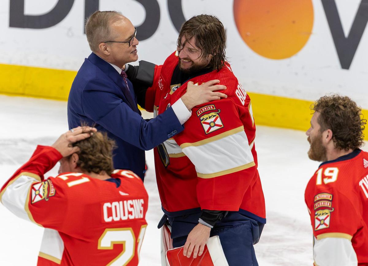Florida Panthers head coach Paul Maurice (1) celebrate with Panthers goaltender Sergei Bobrovsky (72) after winning Stanley Cup over the Edmonton Oilers in Game 7 of the NHL Stanley Cup Final at the Amerant Bank Arena on Monday, June 24, 2024, in Sunrise, Fla.