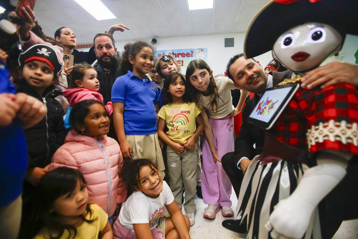Hialeah Mayor Bryan Calvo visits KidWorks USA as the organization introduces Captain Pepper, an interactive educational AI designed to enhance student engagement and learning, in Hialeah, Fla., on Monday, Feb. 2, 2026.