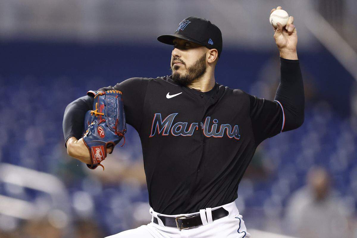 Shawn Morimando #50 of the Miami Marlins delivers a pitch during the second inning against the Atlanta Braves at loanDepot park on July 09, 2021 in Miami, Florida.