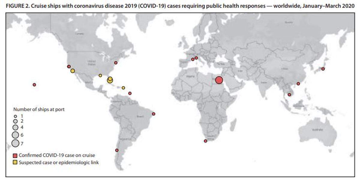 Más de 800 casos confirmados de COVID-19 ocurrieron durante brotes en tres barcos de crucero y se han reportado varios casos adicionales con viajes en barcos de crucero en todo Estados Unidos, determinaron los CDC: