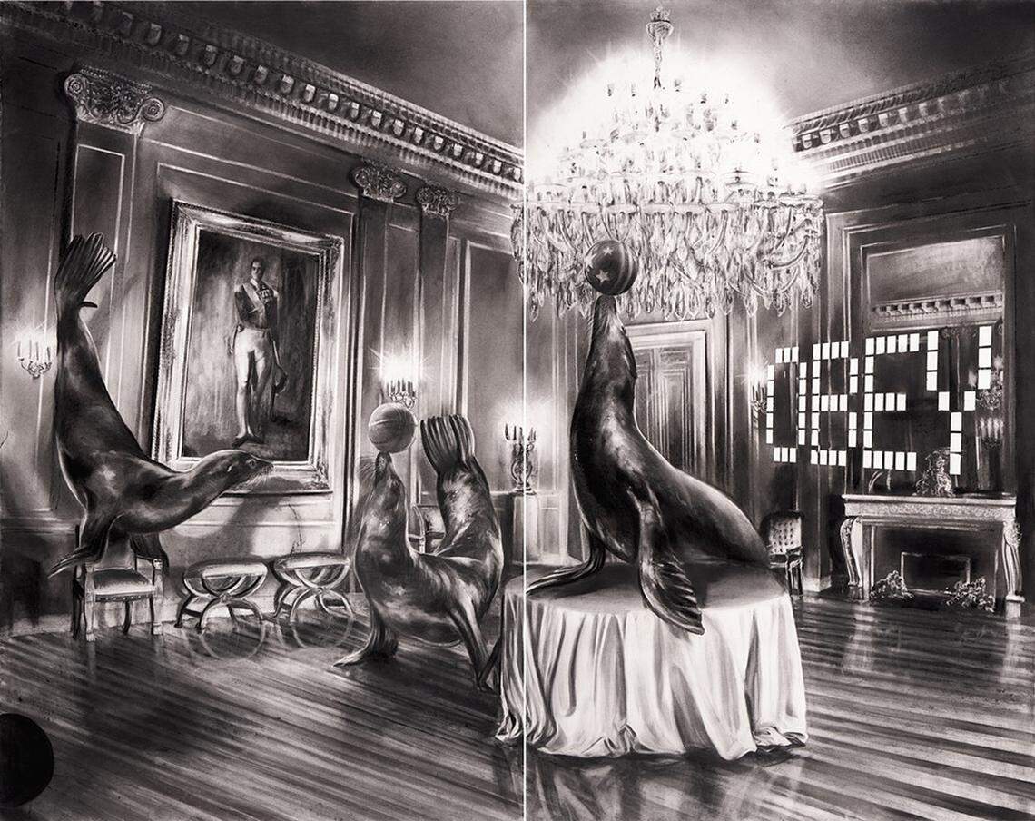 Miami artist Gonzalo Fuenmayor uses charcoal to create evocative works, often combining animals in unexpected situations.