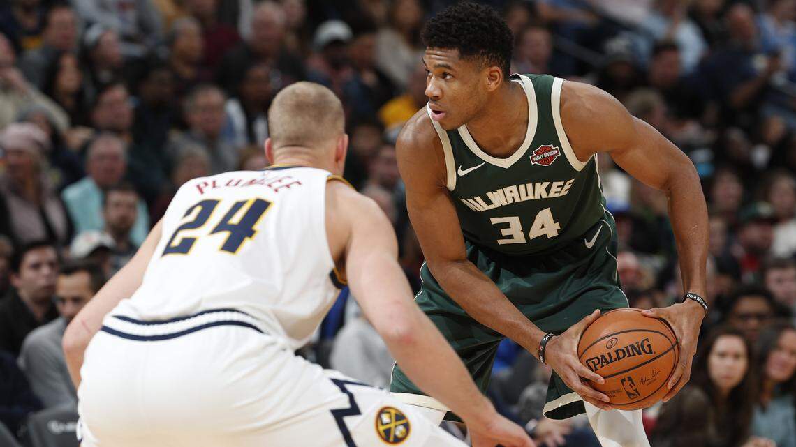 Milwaukee Bucks forward Giannis Antetokounmpo (34) in the second half of an NBA basketball game Sunday, Nov. 11, 2018, in Denver. Milwaukee won 121-114.