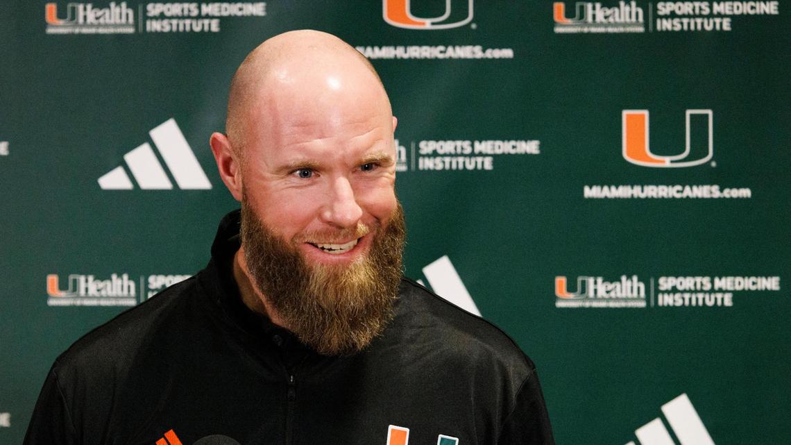 Corey Hetherman, the Miami Hurricanes new defensive coordinator, speaks about his background as a teacher and his aggressive defensive strategy duirng a press conference on Monday, Jan. 13, 2025, at the University of Miami Schwartz Center for Athletic Excellence in Coral Gables.