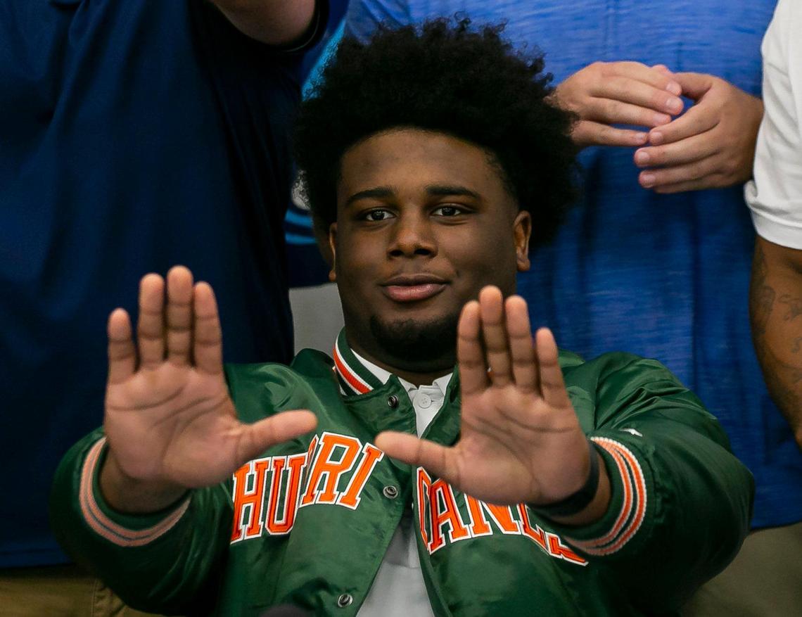 Palmetto senior Leonard Taylor signed with the University of Miami during National Signing Day at Evelyn Greer Park in Pinecrest, Florida on Wednesday, December 16, 2020.