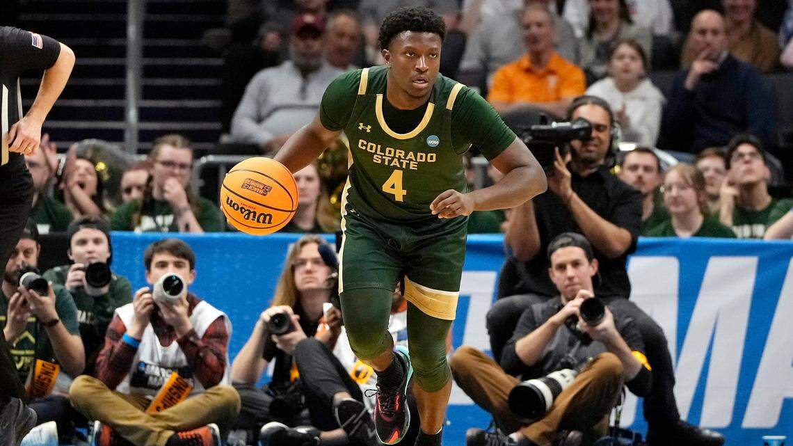 Colorado State Rams guard Isaiah Stevens (4) dribbles downcourt in the first round of the 2024 NCAA Tournament at Spectrum Center.