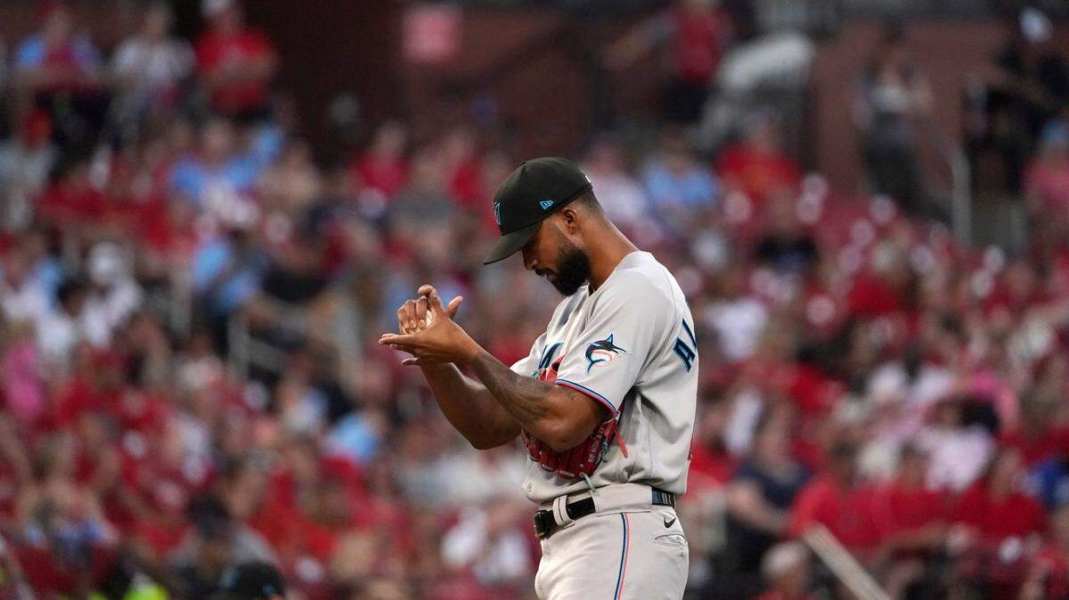 Miami Marlins starting pitcher Sandy Alcantara pauses on the mound after giving up a triple to St. Louis Cardinals’ Edmundo Sosa during the fifth inning of a baseball game Wednesday, June 29, 2022, in St. Louis. (AP Photo/Jeff Roberson)