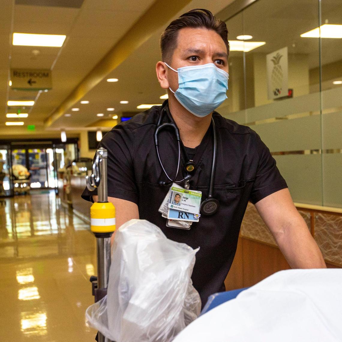 Jorge Gallegos is a Miami firefighter who works part time as an emergency room nurse at Baptist Health’s South Miami Hospital. He said firefighting and nursing are intertwined, as he has served everyone from “homeless to millionaires.”