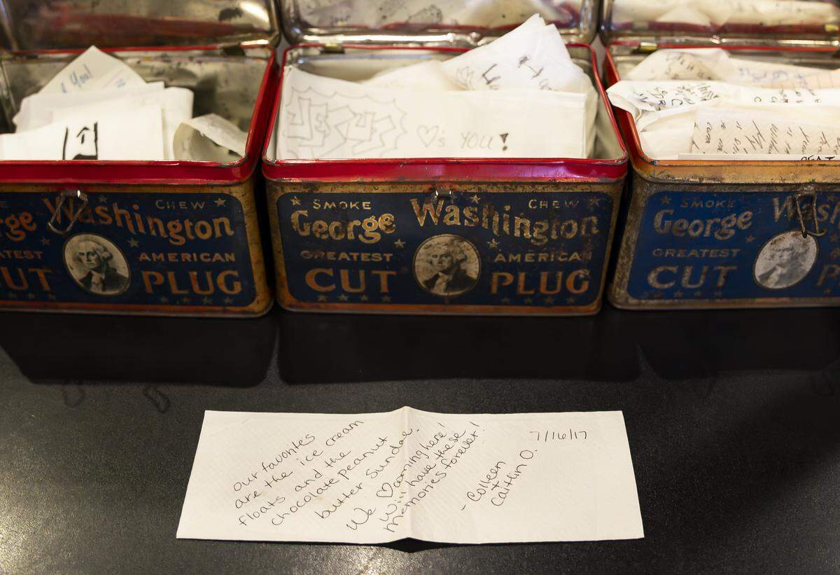 A note left by a patron is seen at Jaxson's Ice Cream Parlor & Restaurant on Thursday, Feb. 5, 2026, in Dania Beach, Fla. Jaxson's is celebrating its 70th anniversary this month.