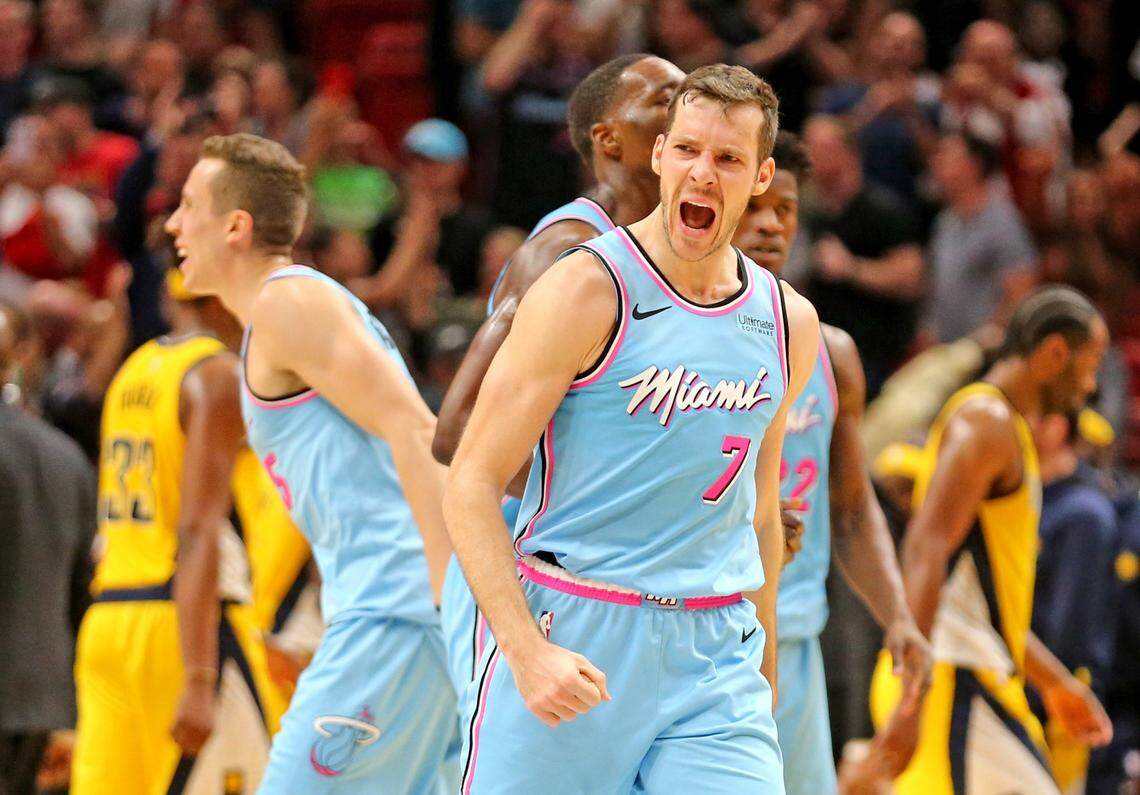 Miami Heat guard Goran Dragic (7) screams after making the winning basket in the final seconds of the game as they defeat the Indiana Pacers at the AmericanAirlines Arena in Miami, Florida, Friday, December, 27, 2019.