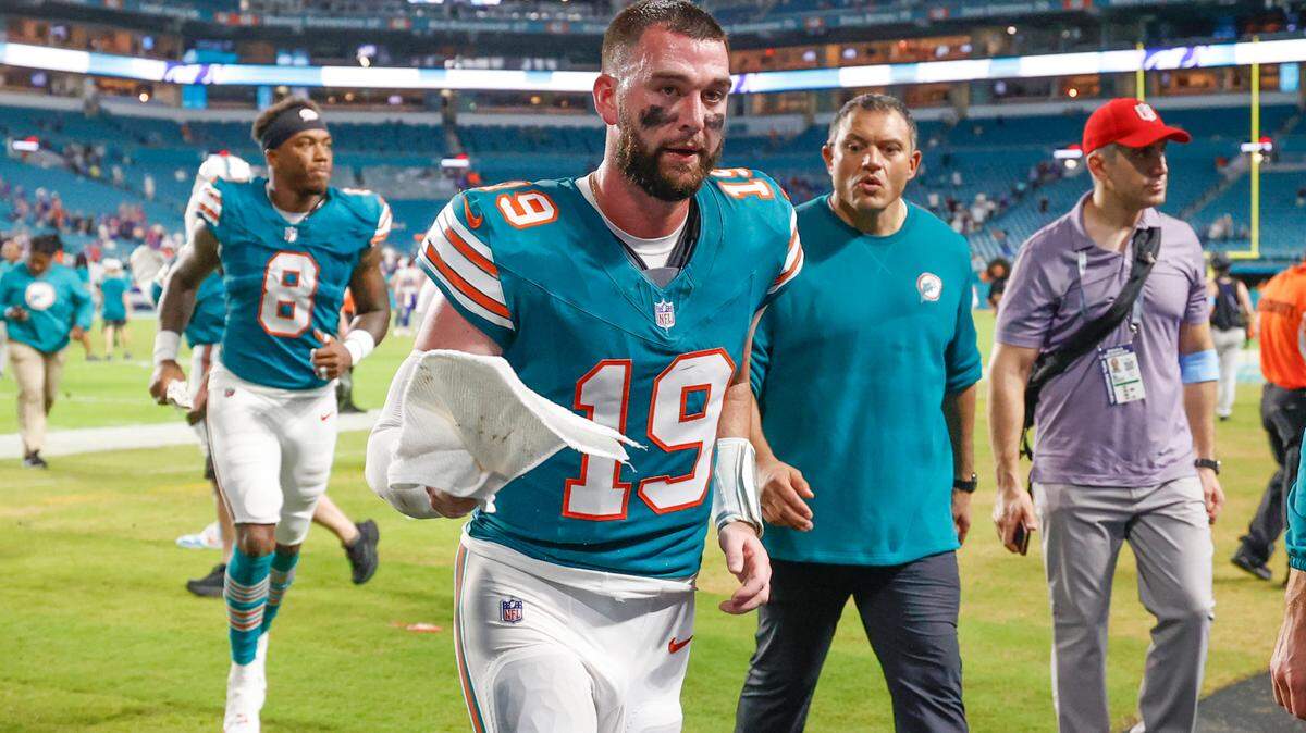 Miami Dolphins quarterback Skylar Thompson (19) runs off the field after loss against the Buffalo Bills in an NFL game at Hard Rock Stadium on Thursday, September 12, 2024.