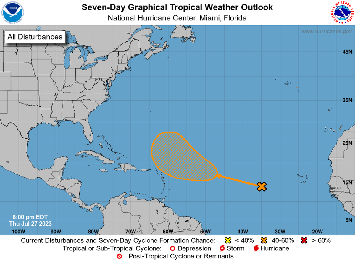 National Hurricane Center’s 8 p.m. Thursday, July 27, 2023, forecast map.