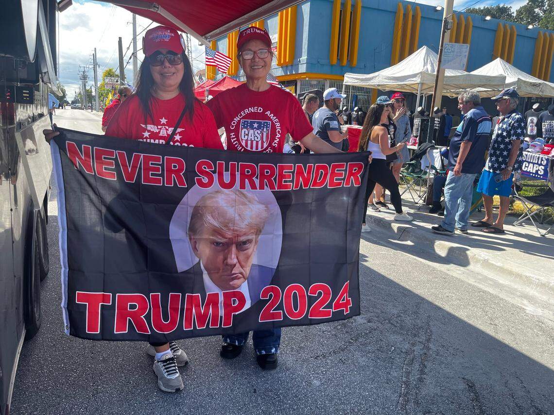 Grace Becker, 57, and Hao Hao, 64, say they have attended at 10 least rallies held by former President Donald Trump. They were lined up early Wednesday, November 8, 2023, for the rally in Hialeah.