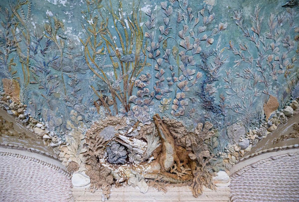 A detail of artist Robert Winthrop Chanler’s ceiling mural at the Vizcaya Museum and Gardens’ grotto and swimming pool. The artist wanted to create the feeling of being under the sea with his work.