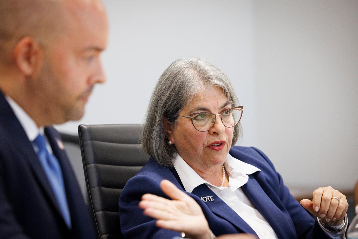 Mayor Daniella Levine-Cava, right, addresses a comment by Manny Cid, current Miami Lakes mayor, left, during the Miami Herald Editorial Board’s meeting on July 17, 2024. Both are running for county mayor in the Aug. 20 election.