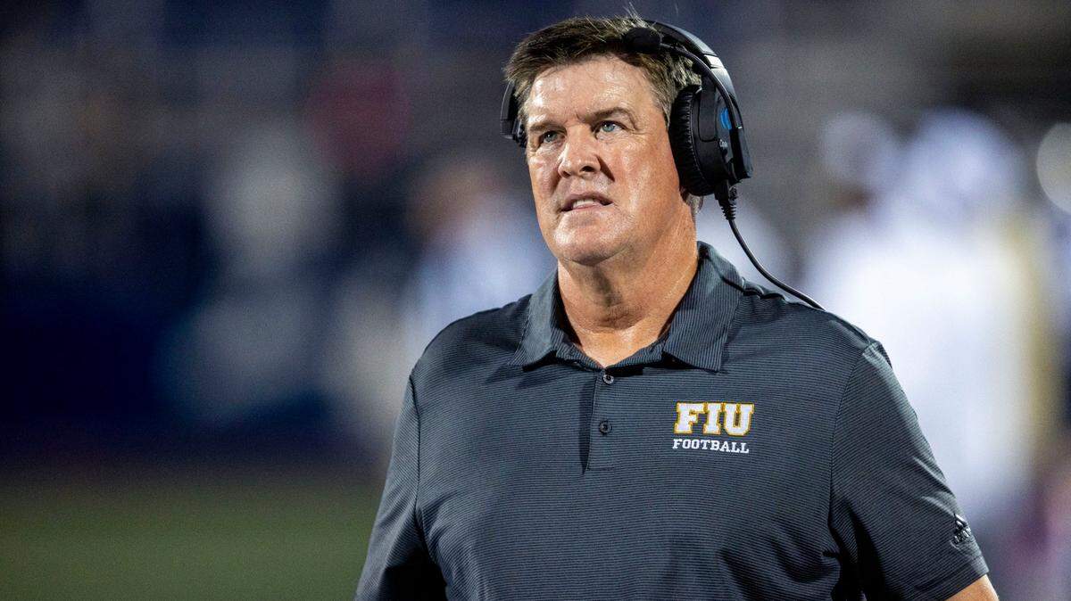 Florida International University head coach Mike Macintyre looks on while on the sidelines during the second half of an NCAA Conference USA football game against Texas San Antonio at Riccardo Silva Stadium in Miami, Florida, on Friday, September 14, 2022.