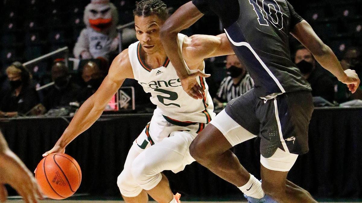 UM Hurricane Isaiah Wong (2) controls the ball while Hurricanes host Nova Southeastern Sharks on Wednesday, October 20, 2021 at Watsco Center in Coral Gables
