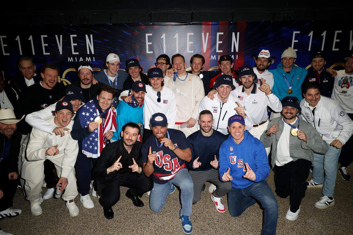 MIAMI, FLORIDA - FEBRUARY 23: Team USA Men's Hockey attends a celebration of the USA Men's Hockey Team's Olympic Gold at E11EVEN Miami on February 23, 2026 in Miami, Florida.  (Photo by Alexander Tamargo/Getty Images for E11EVEN Miami)
