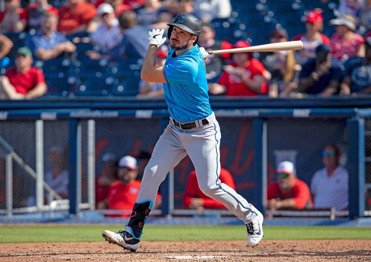 Miami Marlins outfielder Matt Joyce (7) swings at a pitch before flying out during the seventh inning of a Spring Training game against the Washington Nationals at FITTEAM Ballpark of the Palm Beaches in West Palm Beach, Florida on Monday, March 2, 2020.