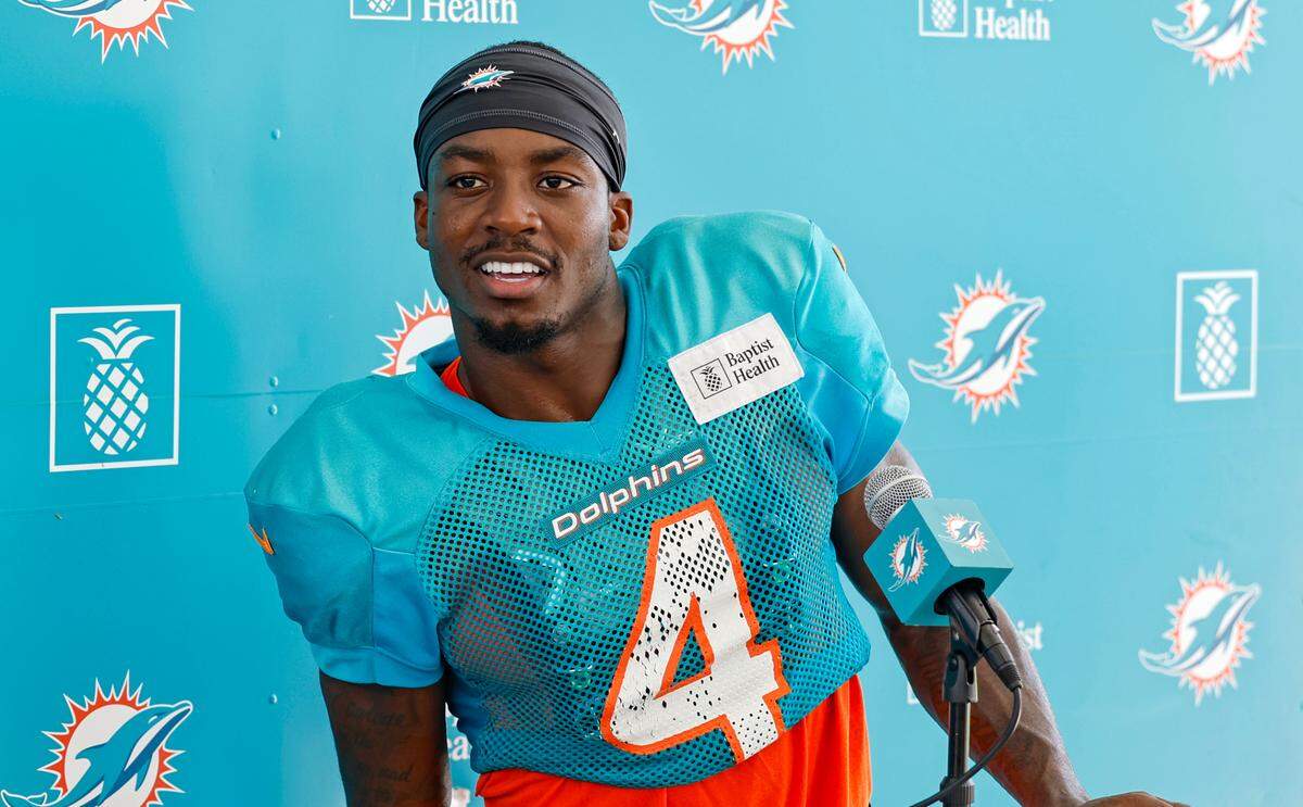 Miami Dolphins cornerback Kader Kohou (4) speaks to reporters after practice at the Baptist Health Training Complex in Miami Gardens on Wednesday, August 23, 2023.