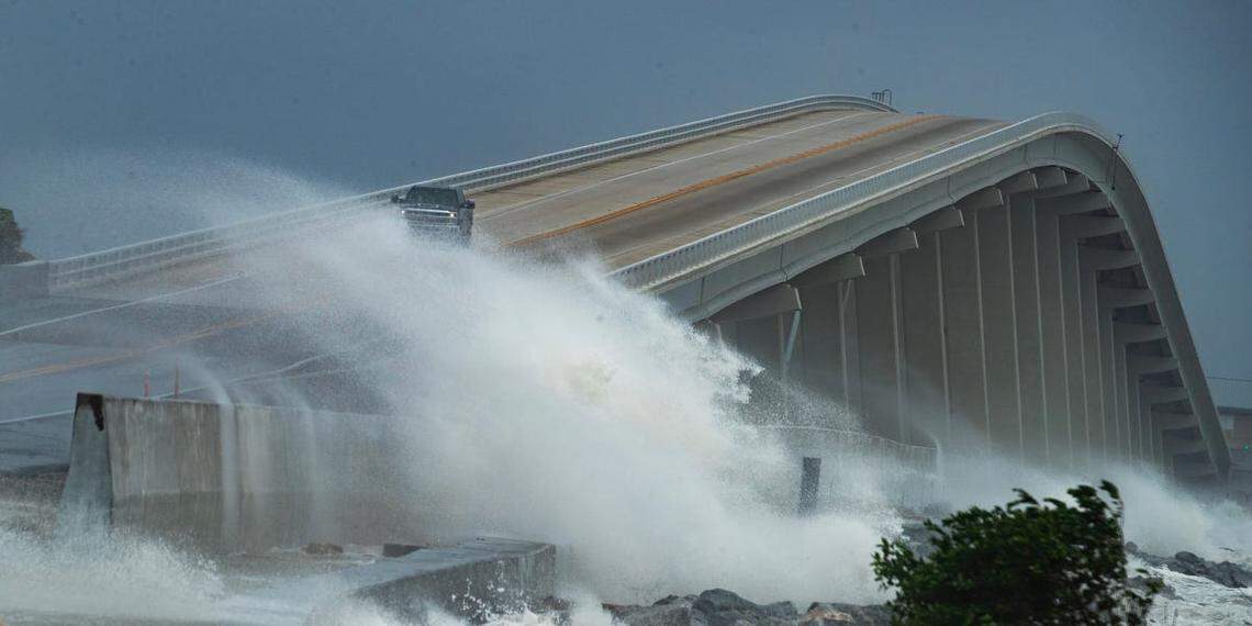 The view of the Sanibel Causeway was hazy as increased surf, mist an winds in the area degraded visibility. Strong winds and some partial flooding were visible in areas of Sanibel Thursday, September 26, 2024 as residents experienced some of the effects from Hurricane Helene.