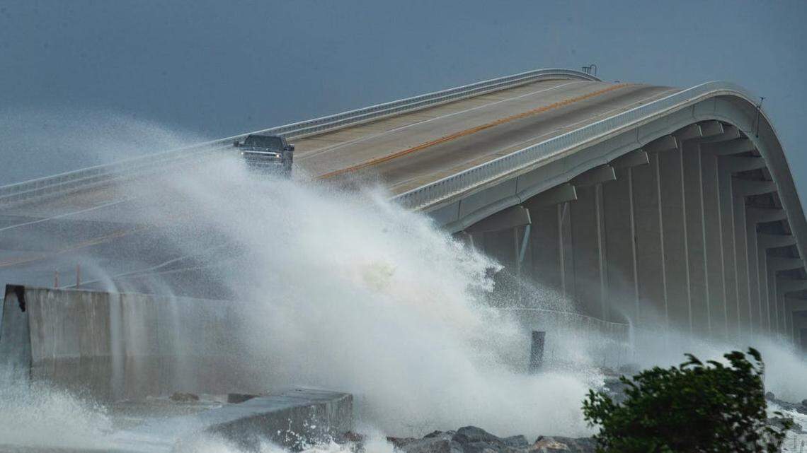 The view of the Sanibel Causeway was hazy as increased surf, mist and winds in the area degraded visibility as effects from Hurricane Helene washed over areas of Sanibel Thursday, September 26, 2024, two years after Hurricane Ian.