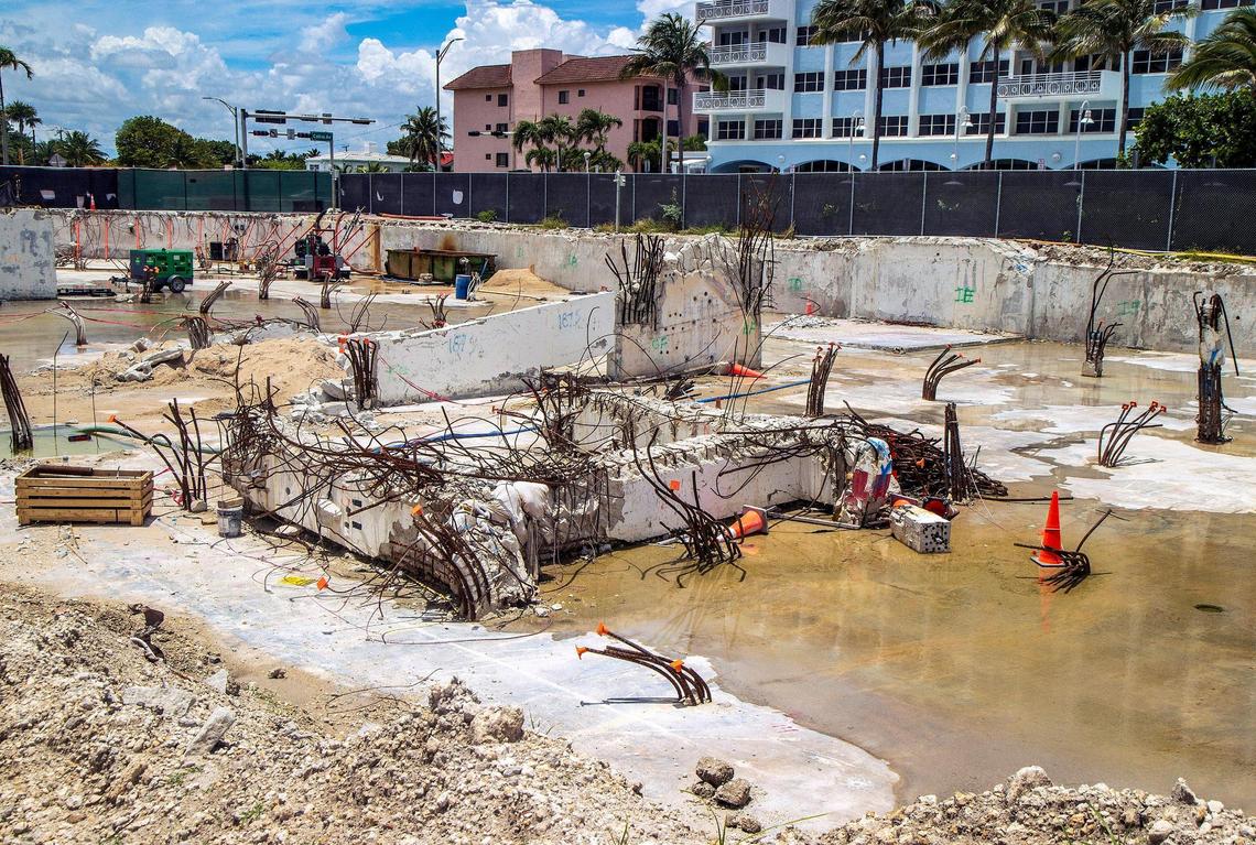 View of what remains of part of the ramp for cars going into garage (background) and transfer beam that would have been between columns to distribute load (foreground) photographed on June 3, 2022, at the site where the Champlain Towers South beachfront condominium collapsed.