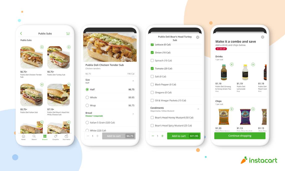 Publix is expanding its delivery and pickup services just in time for the Super Bowl, via Instacart, to include “made-to-order” deli meals — including the popular subs.