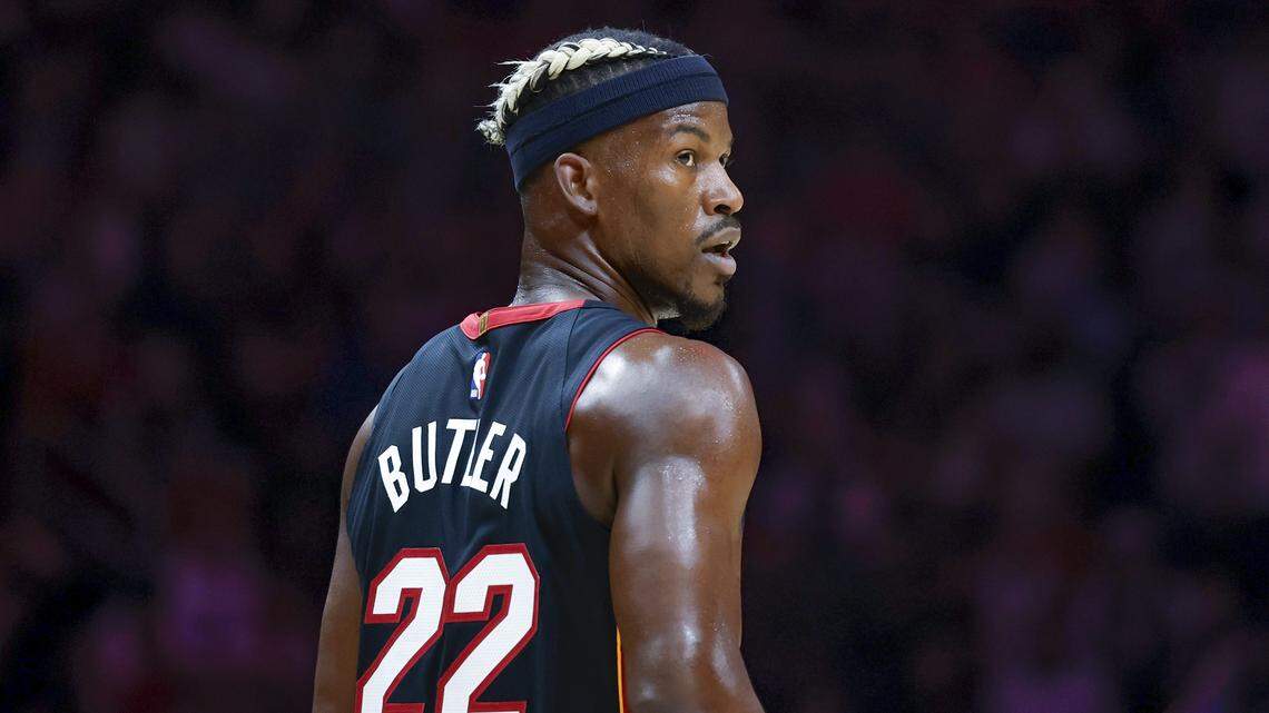 Miami Heat forward Jimmy Butler (22) on the court in the first half against the San Antonio Spurs during their NBA basketball game at Kaseya Center in Miami on January 19, 2025.