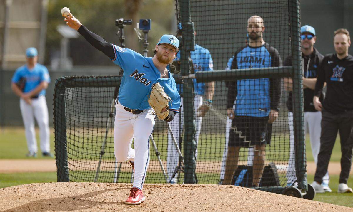 Miami Marlins right-hander Max Meyer (23) pitches during first day of Miami Marlins spring training at Roger Dean Chevrolet Stadium in Jupiter, Florida on Wednesday, February 11, 2026 