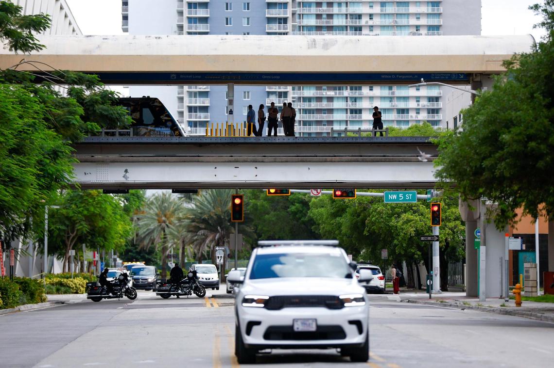 A Homeland Security police car outside the Wilkie D. Ferguson Jr. U.S. Courthouse, Tuesday, June 13, 2023, in downtown Miami, where former President Donald Trump will be arraigned Tuesday afternoon.