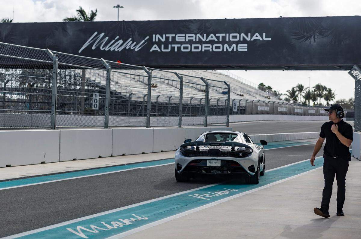 A driver makes his way onto the Miami International Autodrome track during the F1 Miami GP Media Day at Hard Rock Stadium on Thursday, Feb. 13, 2025, in Miami Gardens, Fla.
