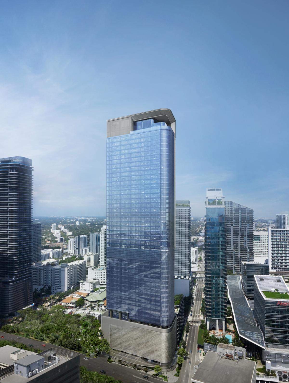 A rendering shows 830 Brickell, a 57-story office tower by renowned architects Adrian Smith + Gordon Gill, which is set to open in downtown Miami in late 2022.