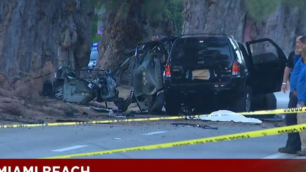 WPLG Local 10 screen grab from broadcast of single-car crash on Miami Beach’s Pine Tree Drive on April 17, 2021. Two men are dead, two women were sent to Jackson Hospital with injuries.