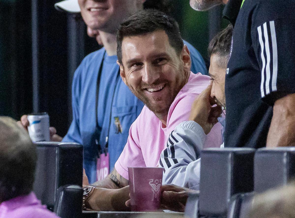 Inter Miami forward Lionel Messi (10) reacts from the sidelines as his team plays against New York City FC in the second half of their MLS match at DRV PNK Stadium on Saturday, Sept. 30, 2023, in Fort Lauderdale, Fla.