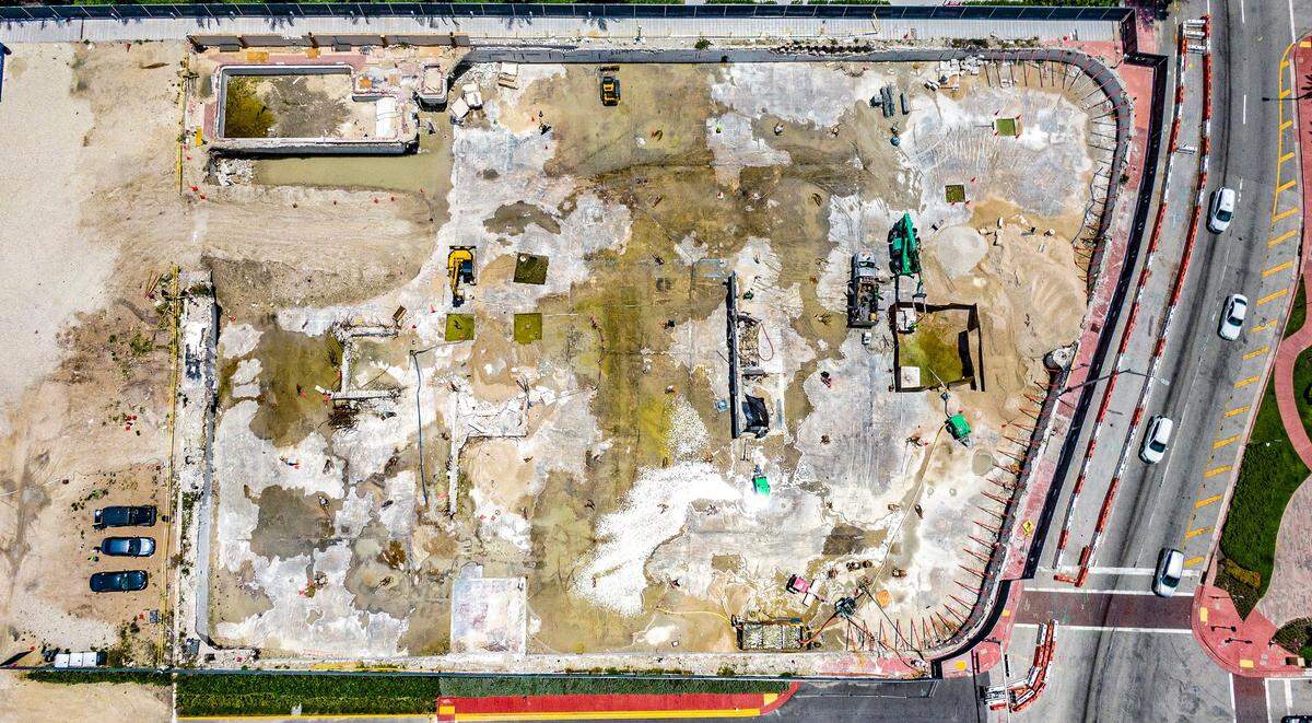 A June 3, 2022, aerial view of the land that once housed the Champlain Towers South, 8777 Collins Ave. in Surfside, that collapsed on June 24, 2021.