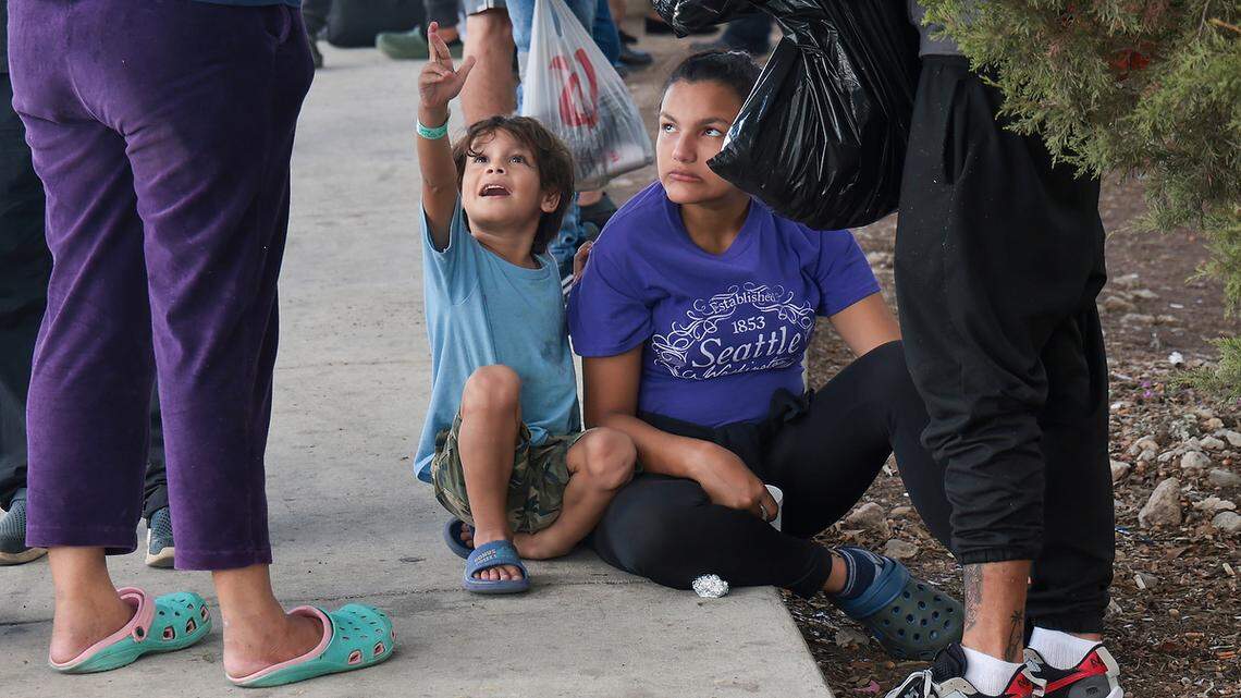 Migrants arrive at and depart from the Migrant Resource Center in San Antonio after crossing the Mexico-U.S. border in Eagle Pass, Texas.