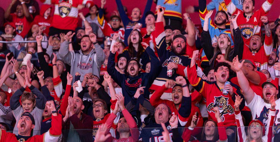 Florida Panthers fans react during a watch party after their team scored against the Edmonton Oilers in Game 1 of the NHL Stanley Cup Final at the Amerant Bank Arena on Wednesday, June 4, 2025, in Sunrise, Fla.
