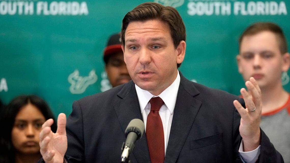 Florida Gov. Ron DeSantis speaks during a news conference at the University of South Florida, March 2, 2022, in Tampa.