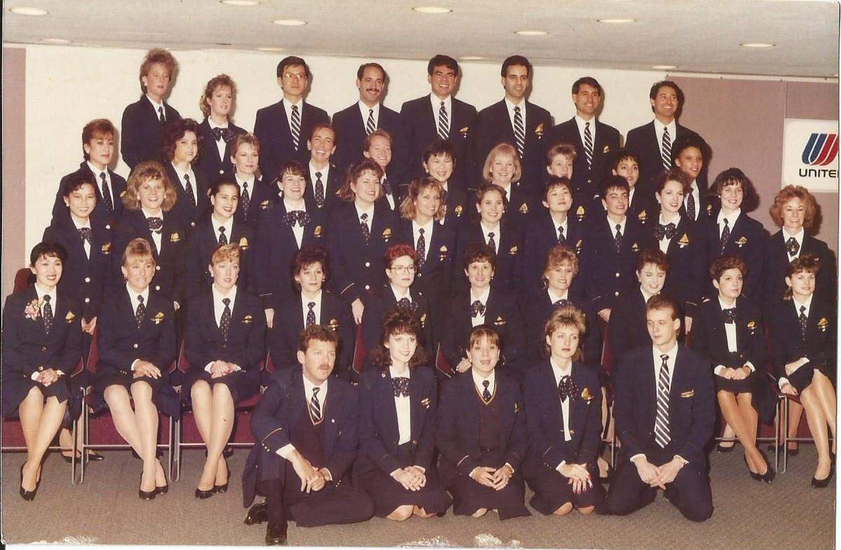 An old photograph of United Airlines flight attendants. Keegan Simms’ mother, Wanda, is in the third row from the top (second flight attendant from the left). His father, Robert, took the photo.