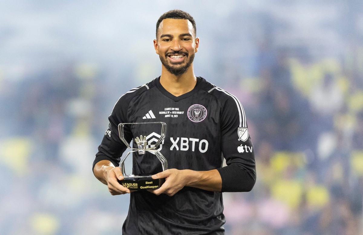 Inter Miami goalkeeper Drake Callender (1) is awarded the Leagues Cup Best Goalkeeper award after defeating Nashville SC in the Leagues Cup final at GEODIS Park on Saturday, Aug. 19, 2023, in Nashville, Tenn.