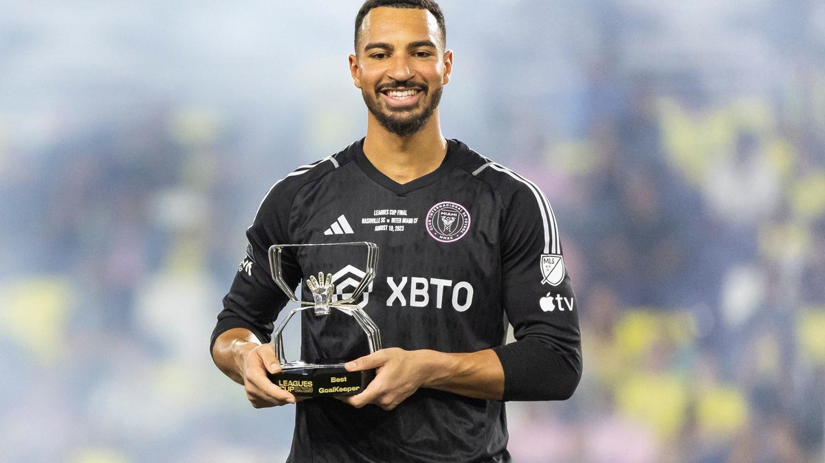 Inter Miami goalkeeper Drake Callender (1) is awarded the Leagues Cup Best Goalkeeper award after defeating Nashville SC in the Leagues Cup final at GEODIS Park on Saturday, Aug. 19, 2023, in Nashville, Tenn.