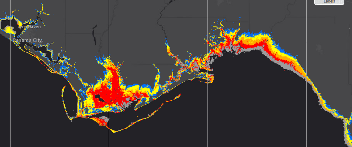 Flooding above nine feet is forecast for areas highlighted in red. Source: National Hurricane Center