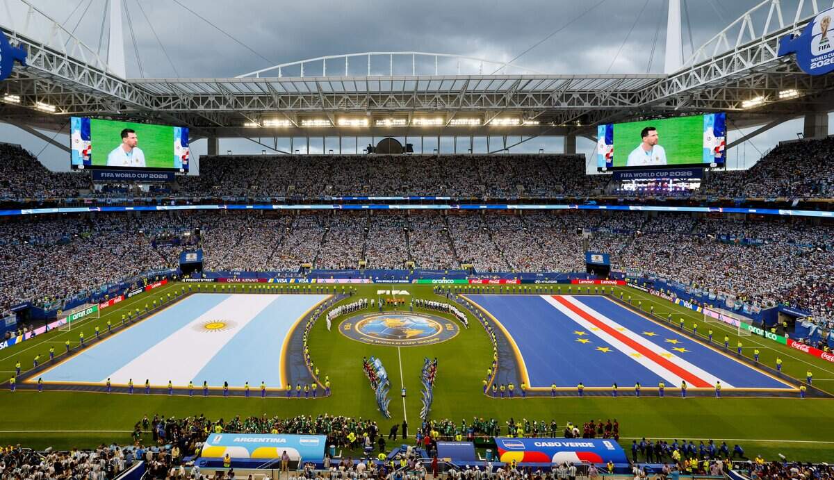 Team introductions and national anthems for team Argentina and Cape Verde for their FIFA World Cup 2026 Round of 32 soccer match at Hard Rock Stadium (Miami Stadium) on July 3, 2026, in Miami Gardens.