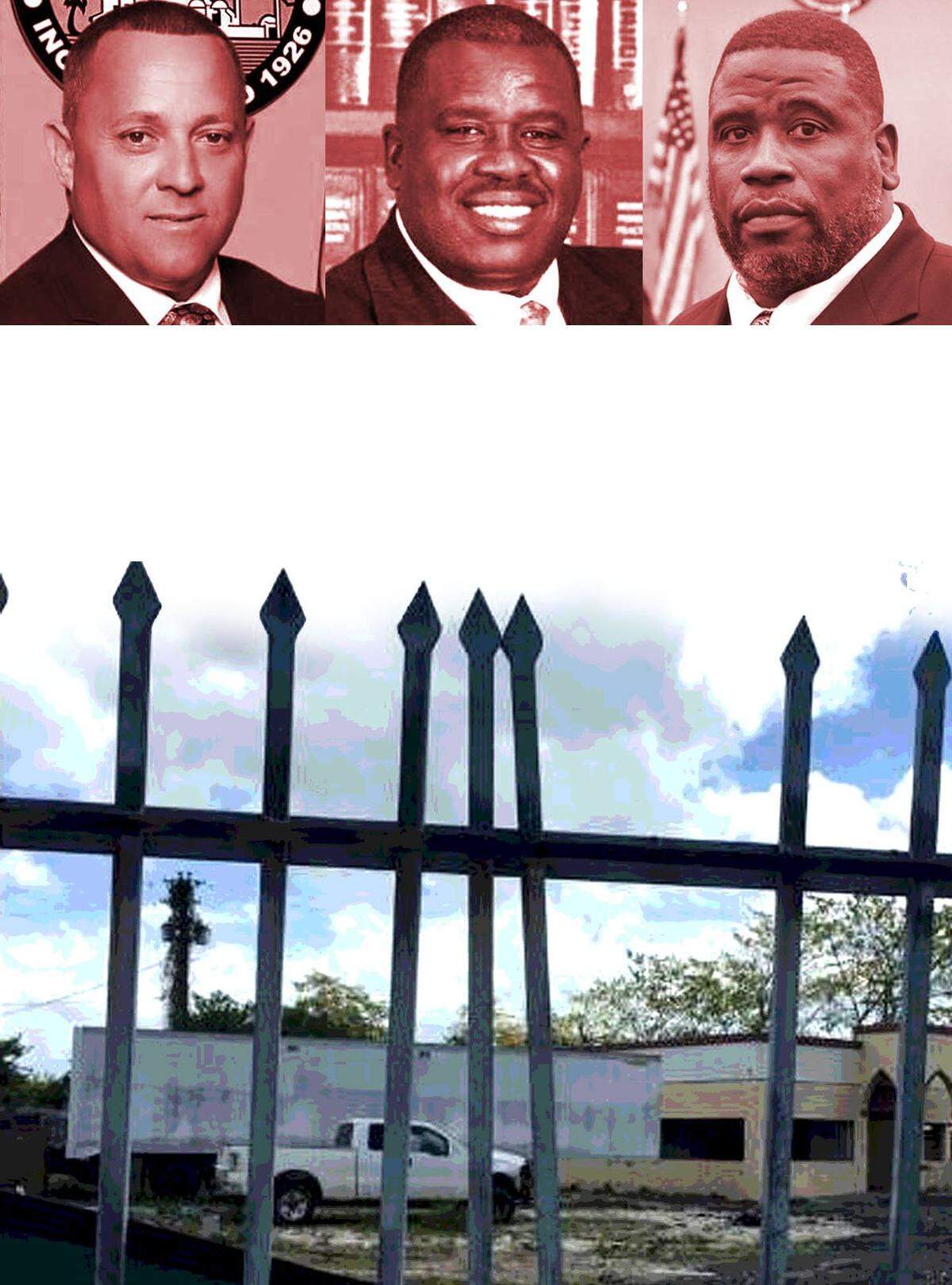 From left, former Opa-locka Commissioner Luis Santiago, former Opa-locka City Manager David Chiverton, and former Public Works Supervisor Gregory Harris.