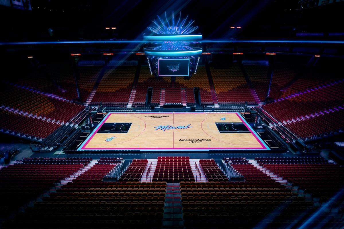 A look at the Heat’s new Vice-themed court that will be used when the team wears its Vice uniforms for games at AmericanAirlines Arena.