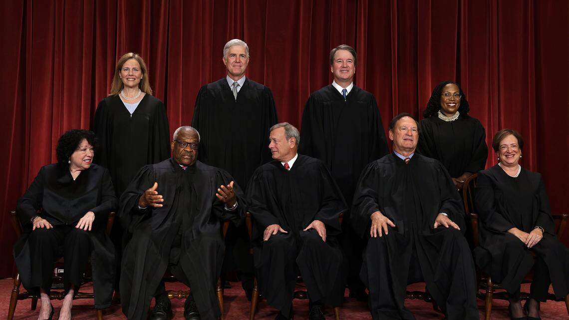 United States Supreme Court (front row L-R) Associate Justice Sonia Sotomayor, Associate Justice Clarence Thomas, Chief Justice of the United States John Roberts, Associate Justice Samuel Alito, and Associate Justice Elena Kagan, (back row L-R) Associate Justice Amy Coney Barrett, Associate Justice Neil Gorsuch, Associate Justice Brett Kavanaugh and Associate Justice Ketanji Brown Jackson pose for their official portrait at the East Conference Room of the Supreme Court building on Oct. 7, 2022, in Washington, D.C. 
